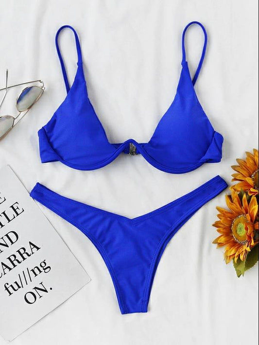 Sexy Bikini Split Gathering Steel Bracket Solid Color Swimsuit Women