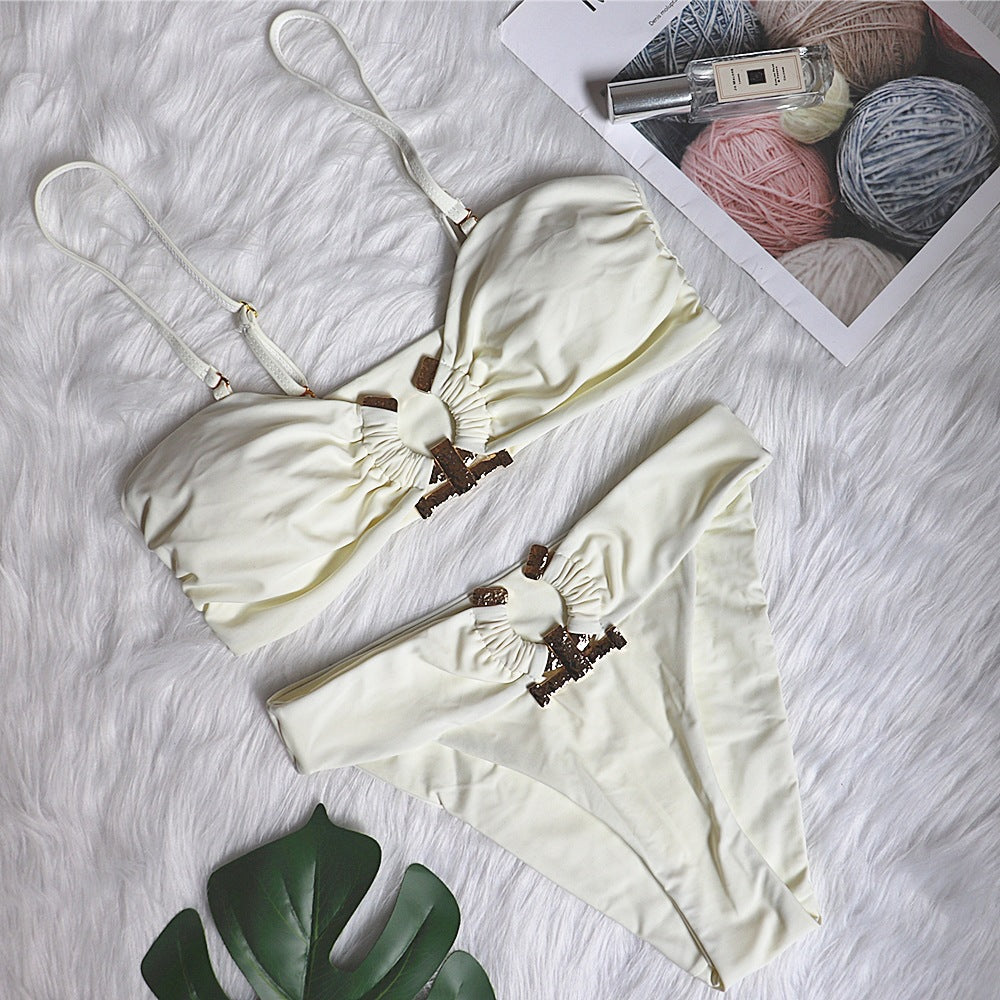 Sexy Swimsuit Metal Accessories Hollow Out Cutout Bikini Solid Color Tube-Top High Waist Women Swimwear