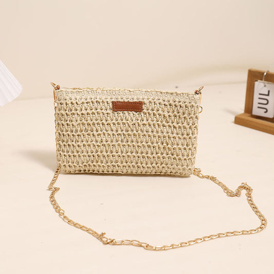 Small Fresh Crossbody Straw Bag Solid Color Square Clutch Vacation Beach Bag Woven Bag