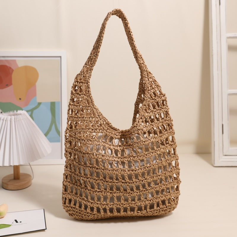 French Large Capacity Shoulder Straw Bag Hollow Out Cutout Tote Portable Straw Bag Woven Bag Seaside Vacation Beach Bag