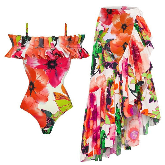 Sexy Swimsuit Retro Spring Swimsuit Bikini Chiffon Beach Skirt Set