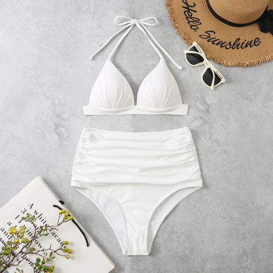 Solid Color Bikini Lace up Triangle Sexy Split Swimsuit Pleated Swimsuit Women