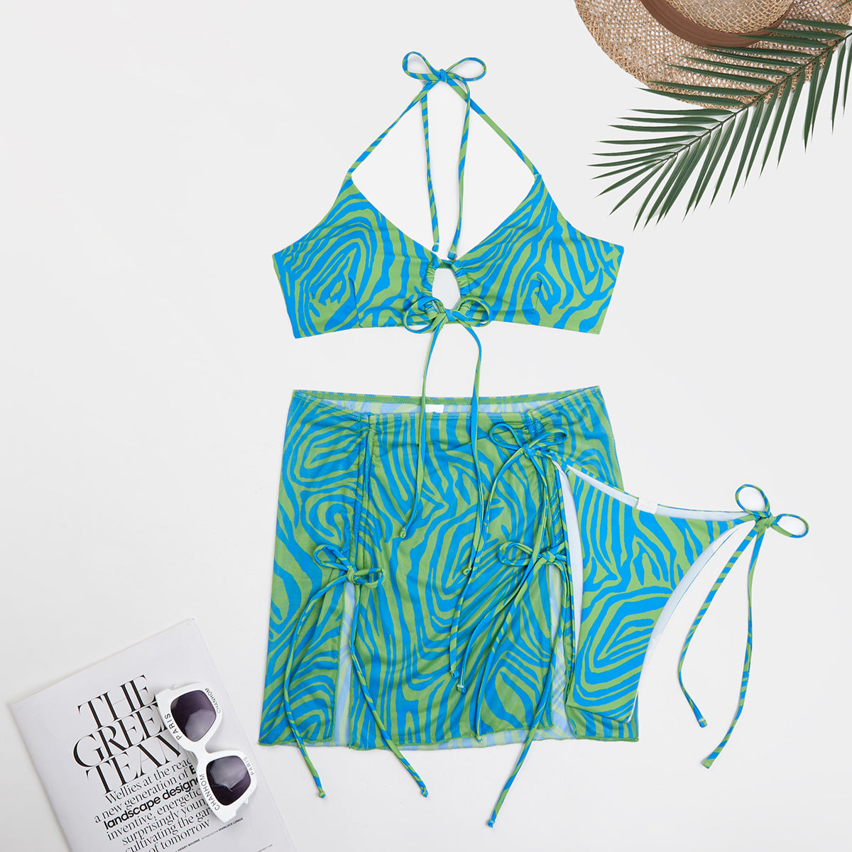 Swimsuit Women Striped Split Three Piece Printed Bikini Bikini Swimsuit