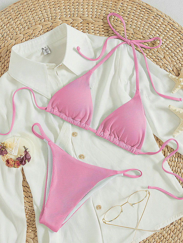 Printing Halter Spaghetti Straps Sexy Bikini Pleated Lace up Triangle Spring Split Swimsuit