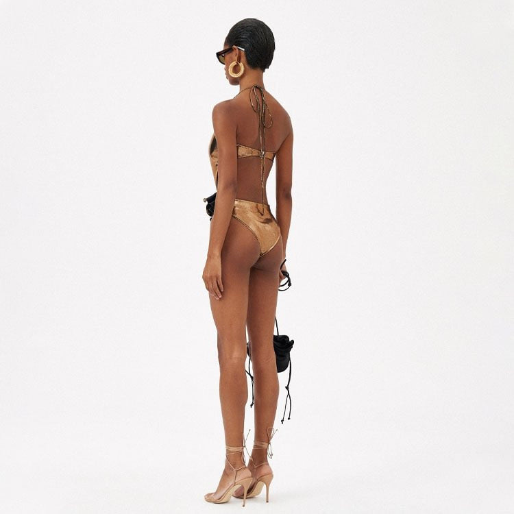 Gold Handmade Floral Halter Hollow Out Cutout out Swimsuit Women