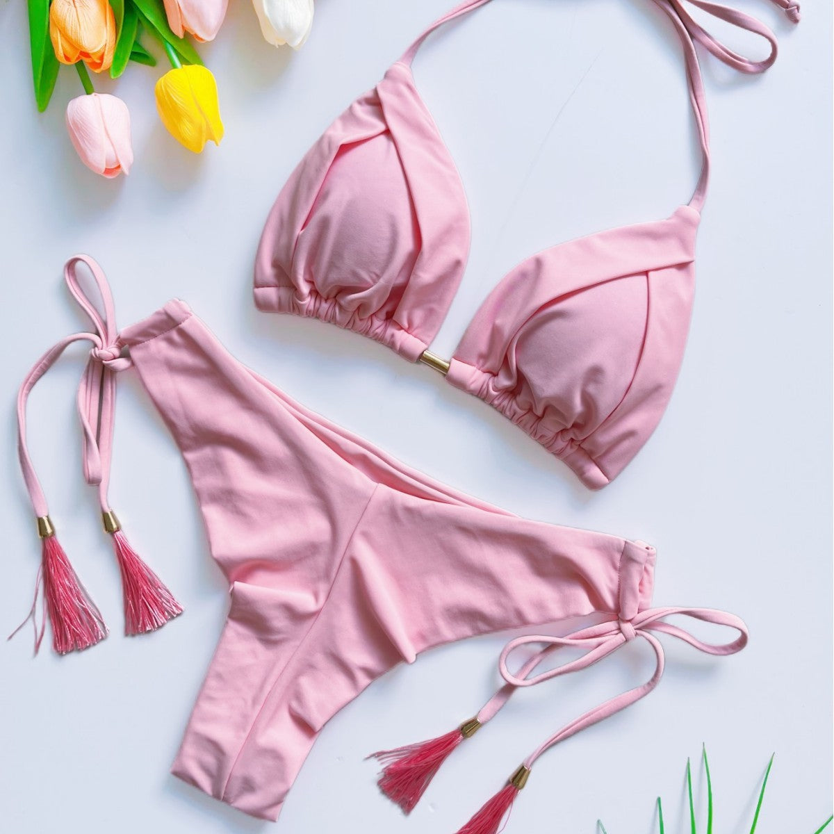 Tassel Solid Color Bikini Swimsuit Set Beach Sexy Women Swimsuit