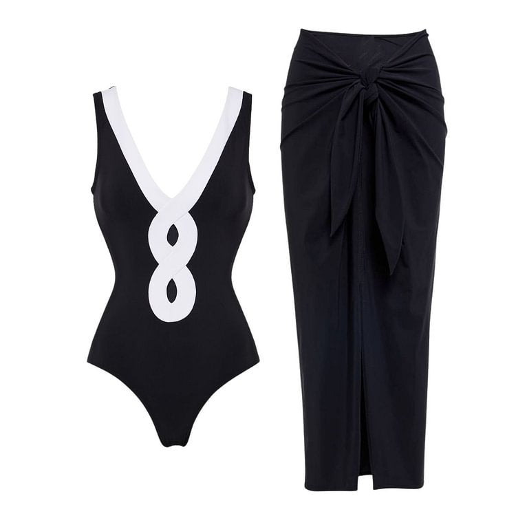 Black White Simple Hollow Out Cutout Out Swimsuit Women Skirt Set
