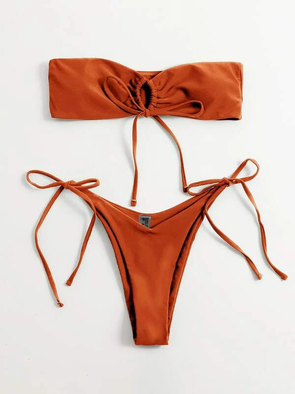 Women Seperated Swimwear Low Waist Basic Strapless Solid Color Tube Top Sexy Bikini