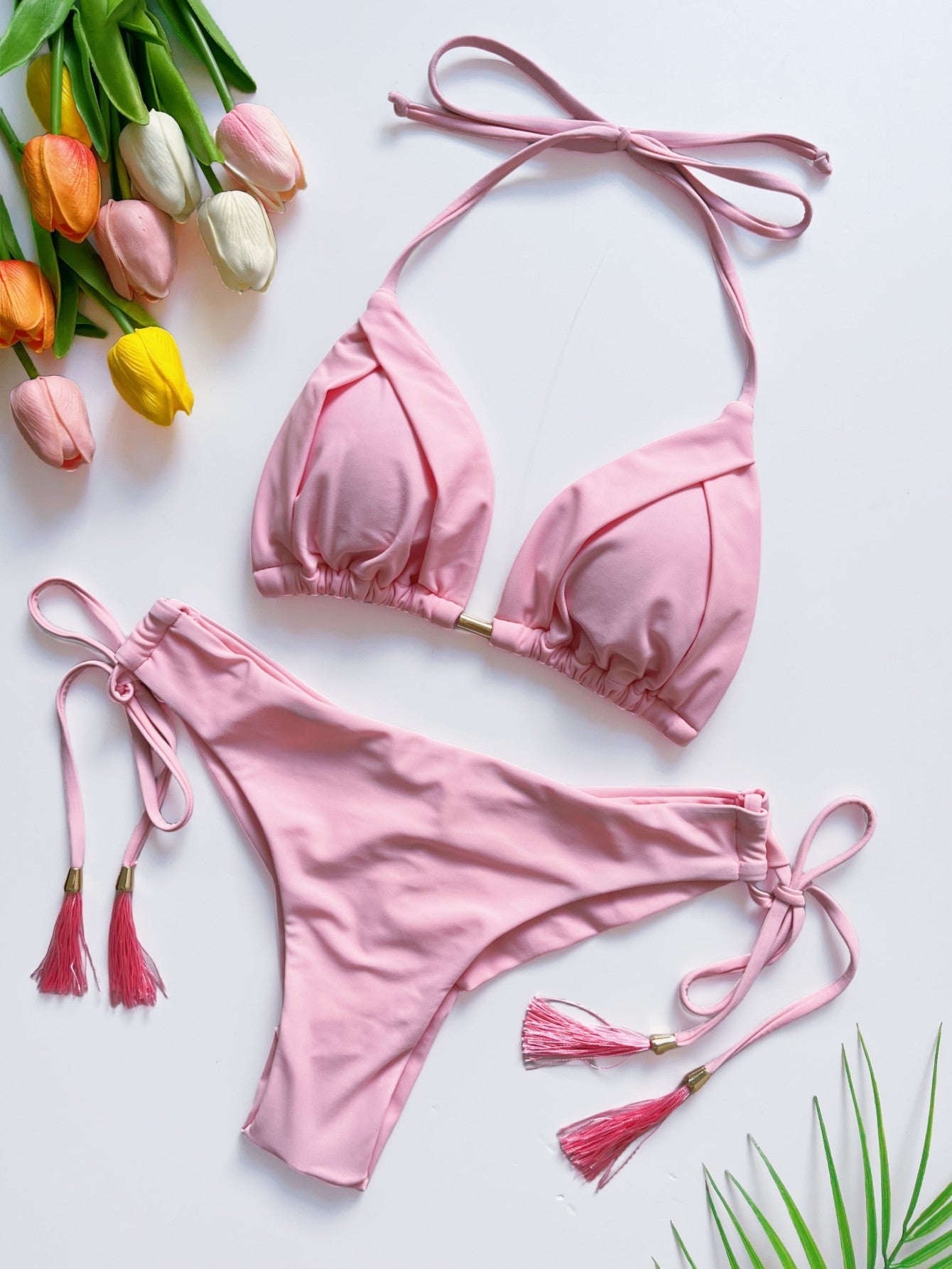 Tassel Solid Color Bikini Swimsuit Set Beach Sexy Women Swimsuit