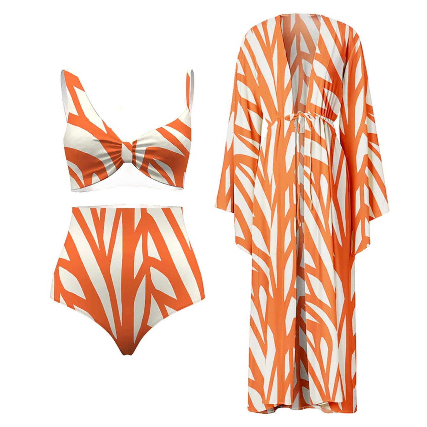 Three Piece Set Split Swimsuit Striped Printed Blouse Sun Protection Swimsuit