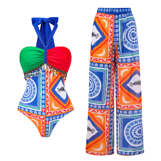 Sexy One Piece Swimsuit Women Conservative Cover Belly Lace up Swimsuit Spring Chiffon Beach Skirt Set