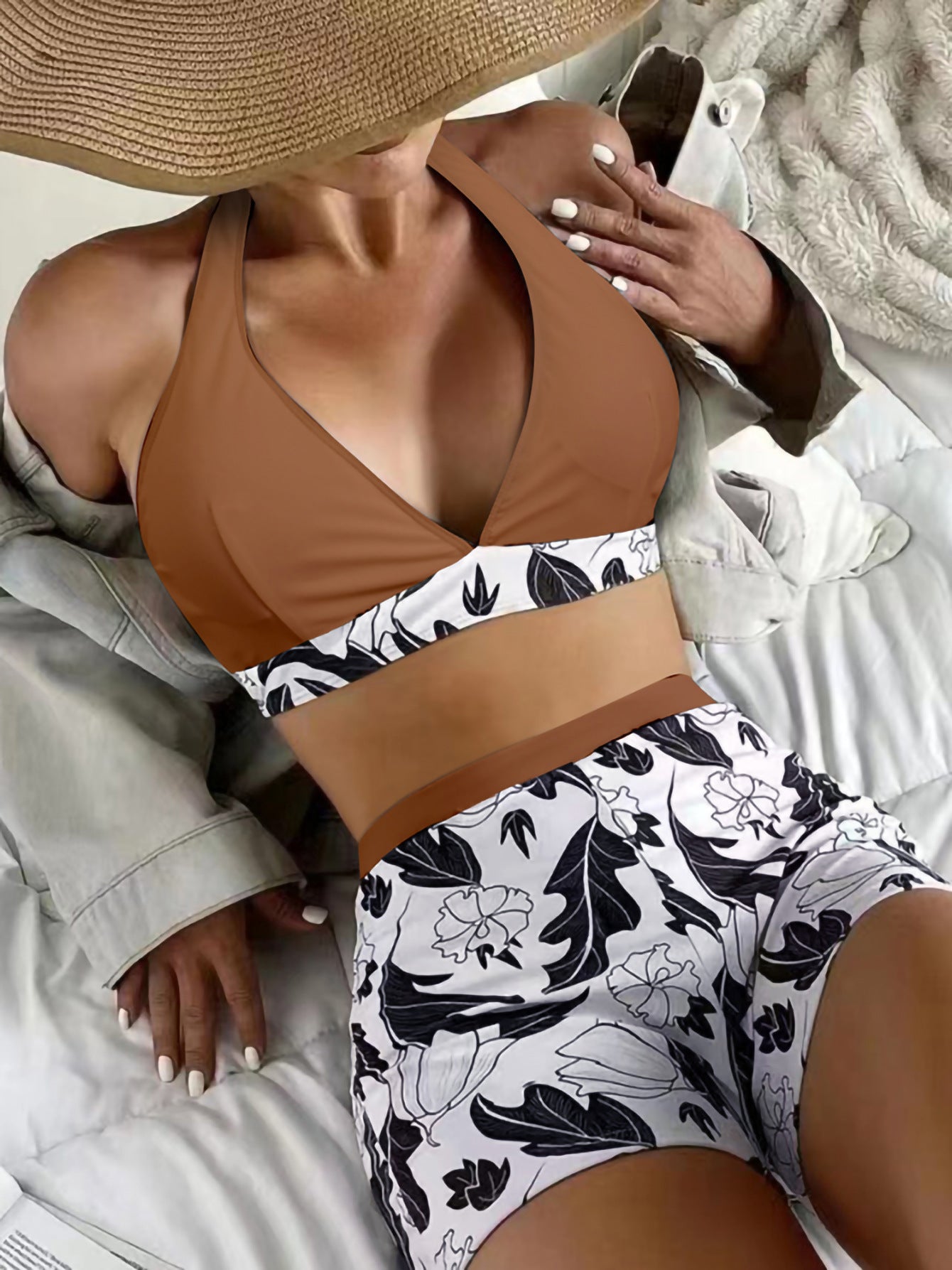 Women Swimsuit Women Split High Waist Boxer Lace Printing Solid Color Stitching Internet Celebrity Swimsuit