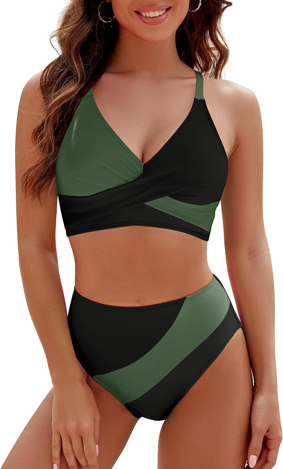 Bikini Contrast Color High Waist Lace up Sexy Split Bikini Swimsuit Swimwear