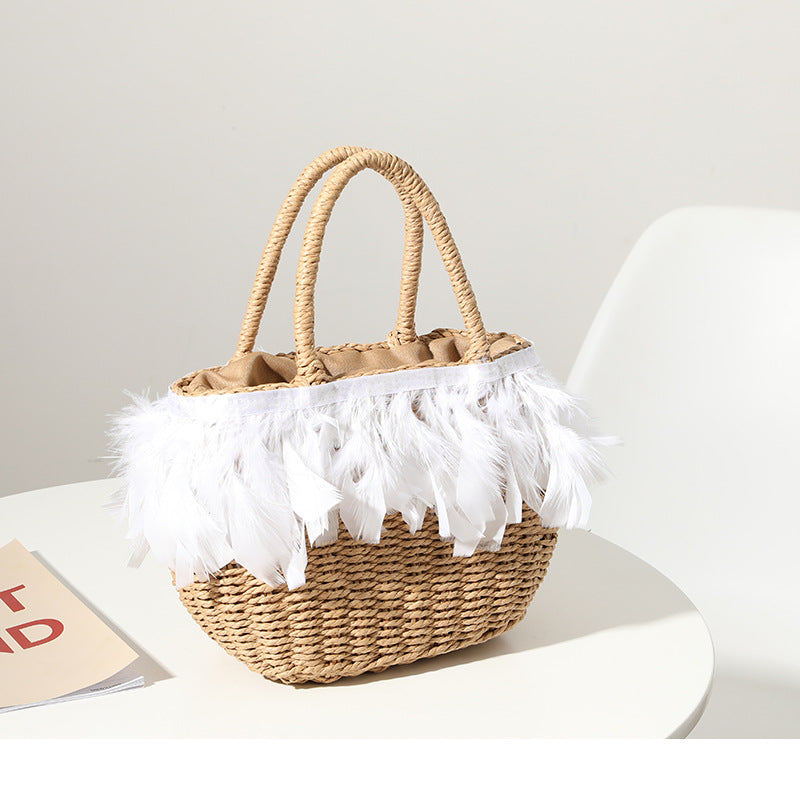 Straw Bag Women Fairy Feather Model Straw Bag Woven Bag Handbag Travel Bag Vacation Beach Bag