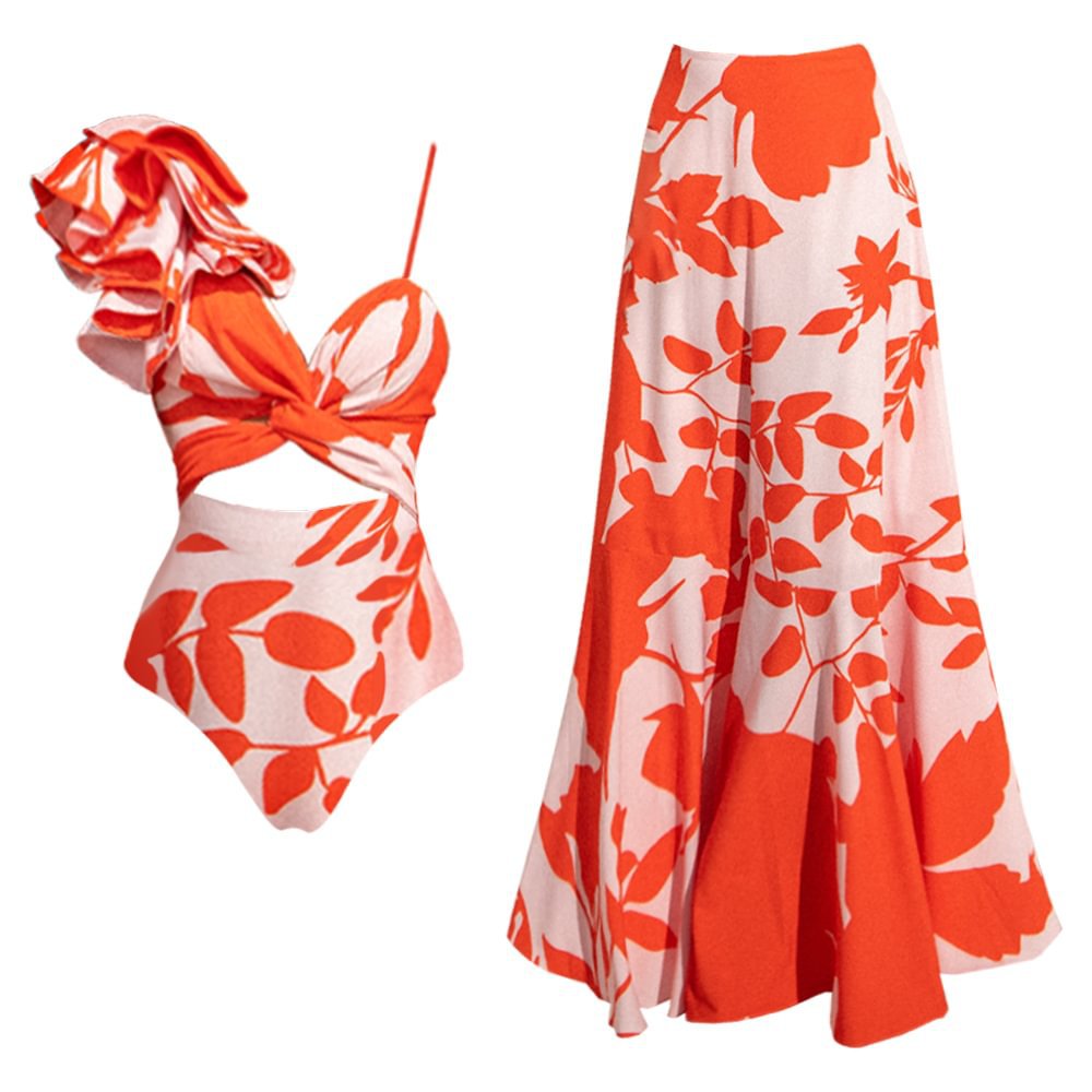 One Shoulder Ruffled Hollow Out Cutout Printed One Piece Swimsuit Women Skirt
