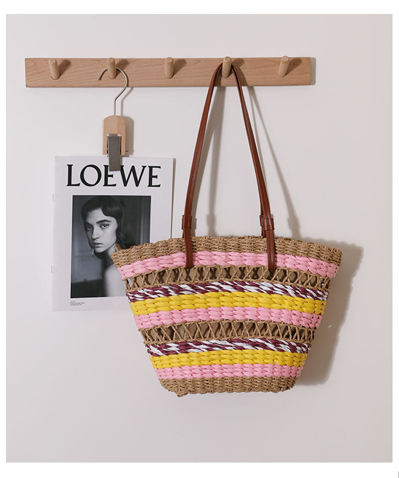 Hollow Out Cutout Straw Bag Vintage Stripe Portable Straw Bag Woven Bag Seaside Vacation Beach Bag Shoulder Bag