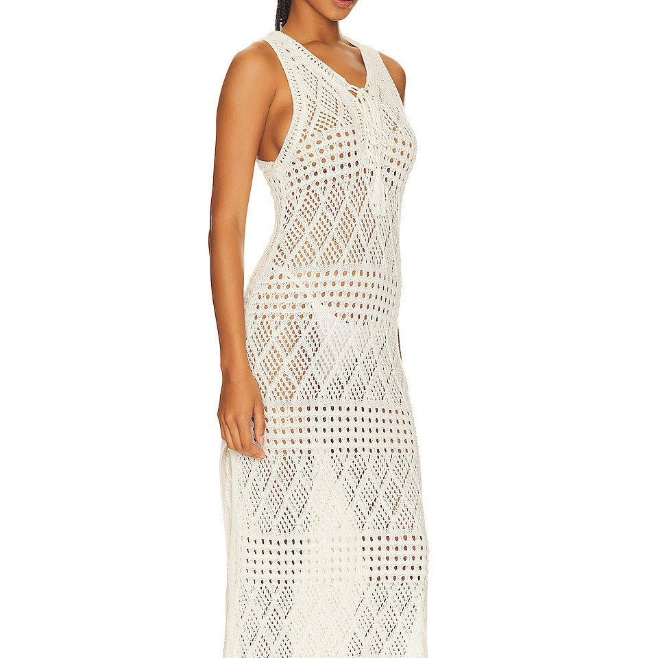 Summer Retro Hollow Out Cutout Out Beach Dress Sexy Low Cut Perspective Knitted Split Dress Sun Protection Swimsuit Blouse Dress Women Crochet hook Crochet hook Crochet hook