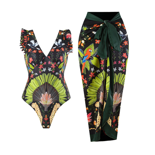 One Piece Women Printed Swimsuit Covering Belly Thin Flying Gauze Skirt Conservative Swimwear Women