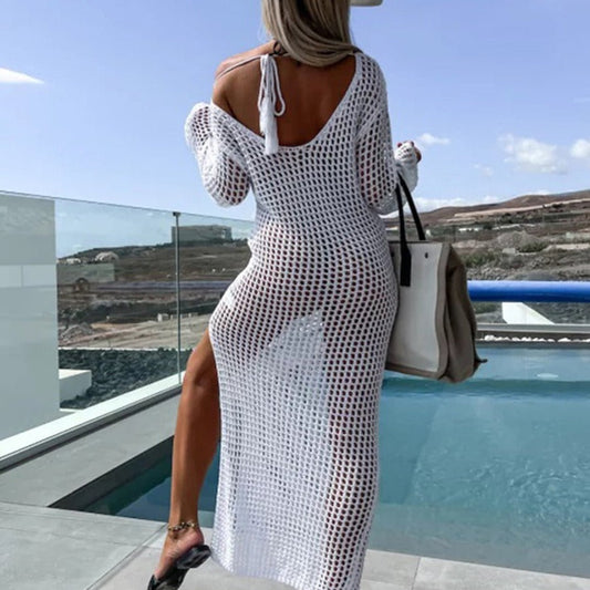 Summer Vacation Beach Dress Sexy Knitted Hollow Out Cutout Out Maxi Dress Bikini Swimsuit Cover Up Crochet hook Crochet hook Crochet hook
