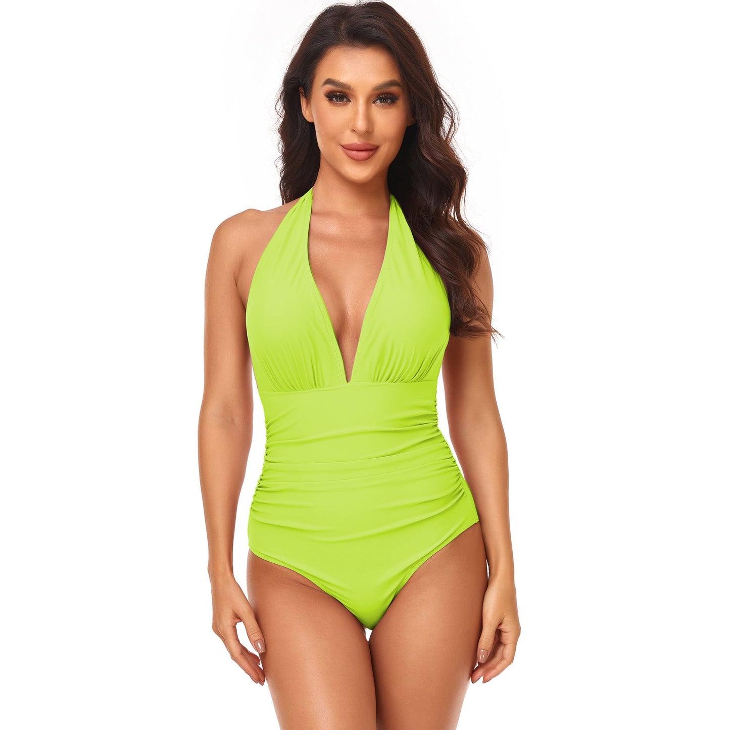Solid Color One Piece Swimsuit Pleating Halter Swimsuit Popular One Piece Swimsuit