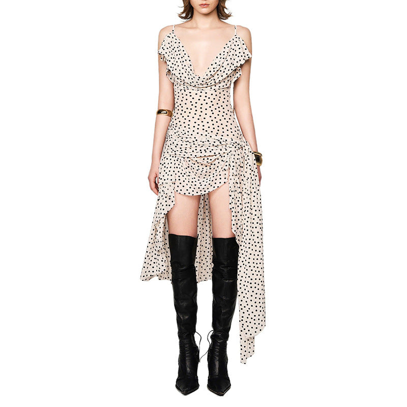 Sexy Suspender Polka Dot Sleeveless Irregular Asymmetric Hem Design Dress Women Summer