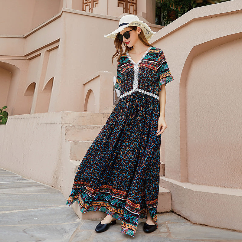 Plus Size V neck Printed Dress Lace Stitching Loose Floral Dress Beach Vacation Beach Dress