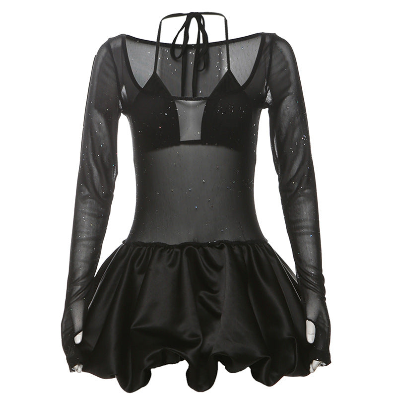 Autumn Winter Women Clothing Sexy Halter Sling Basic Mesh See through Sequ Dress Two Piece Sets Women Puffy dress