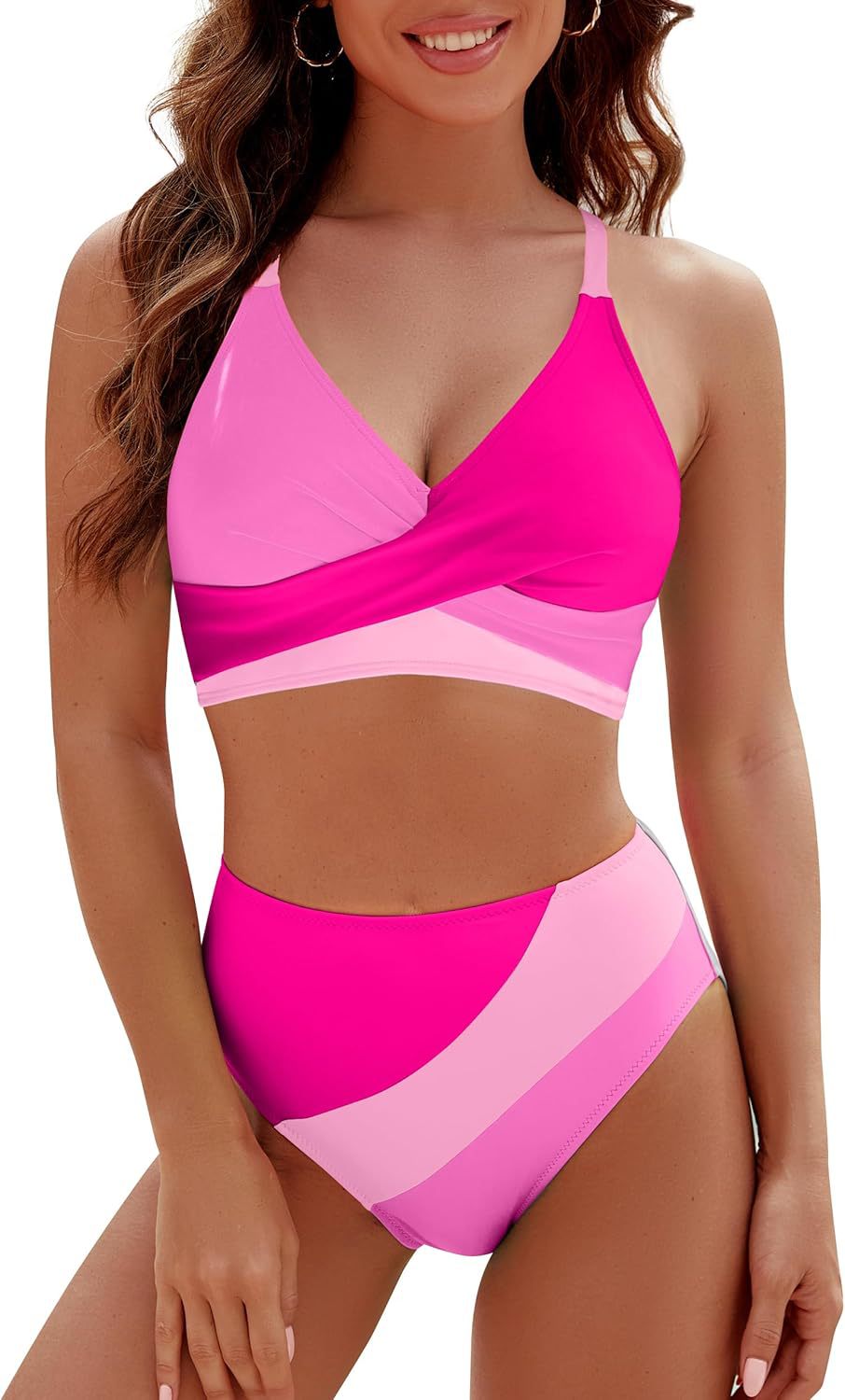 Bikini Contrast Color High Waist Lace up Sexy Split Bikini Swimsuit Swimwear