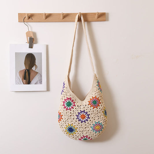 Ethnic Colorful Floral Cotton Thread Woven Bag Casual Straw Bag Vacation Beach Bag Idle Shoulder Bag
