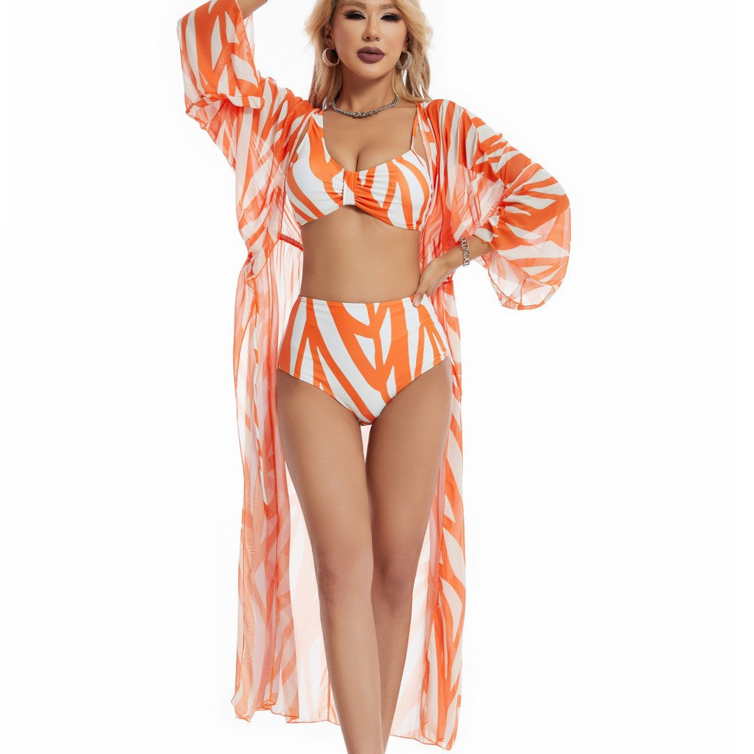Three Piece Set Split Swimsuit Striped Printed Blouse Sun Protection Swimsuit