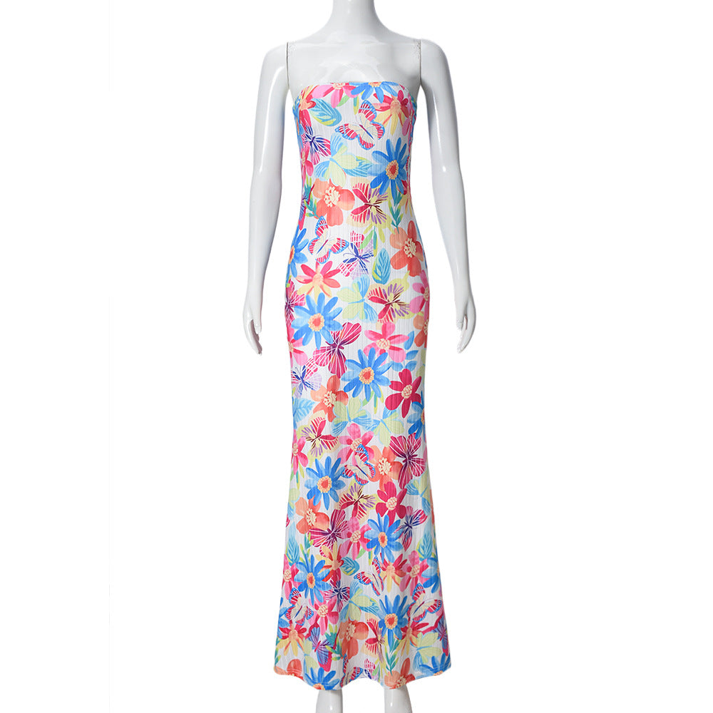 Women Clothing Spring Printed off Neck Backless Sexy Dress Women