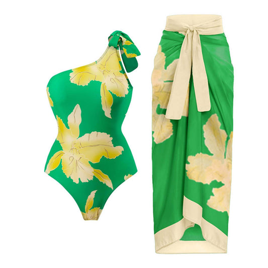 Sexy Swimsuit Women Retro One Shoulder Swimsuit Bikini Chiffon Beach Skirt Set