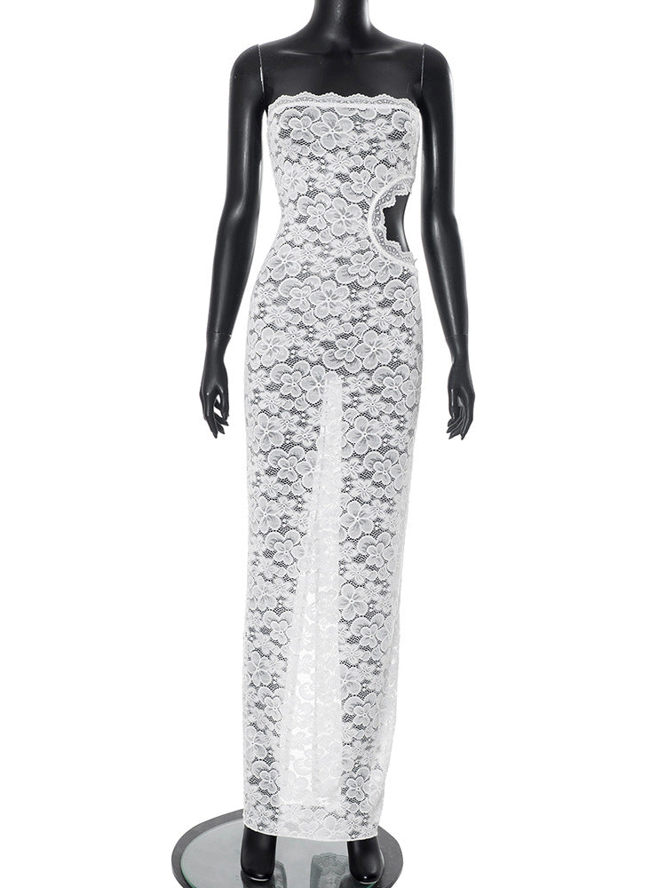 Women Clothing Solid Color Sleeveless Backless Lace Hollow Out Cutout out Slim Fit Dress