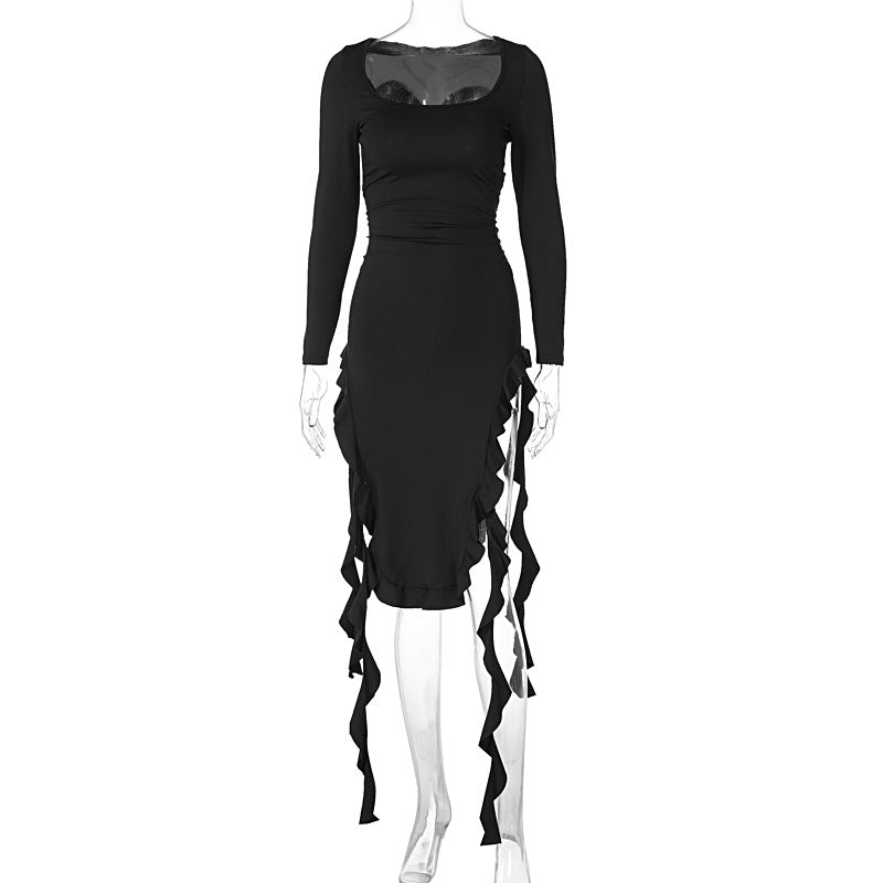 Women Clothing Spring Solid Color U Neck Long Sleeved Slim Fit Stringy Selvedge Dress