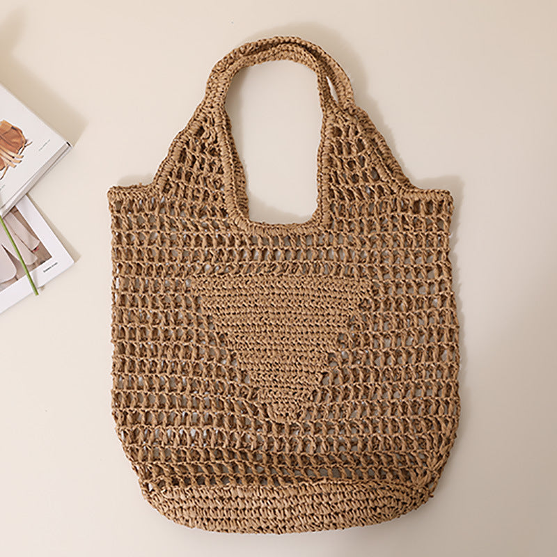 Large Capacity Hollow Out Cutout Straw Bag Fresh Candy Color One Shoulder Tote Woven Bag Portable Women Beach Bag