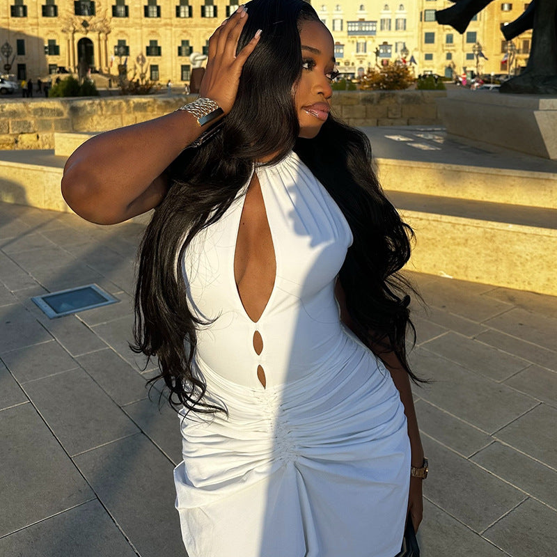 Women Clothing Pleated Sexy Cutout Hip Slim Fit Turtleneck Sleeveless Solid Color Length Dress