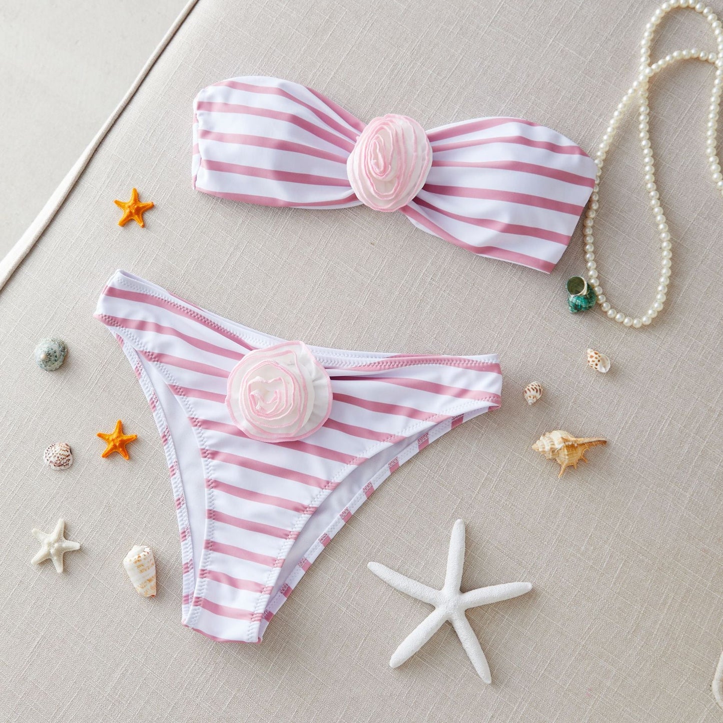 Tube Top Striped Printed High Waist Bikini Split Swimsuit Women Bikini