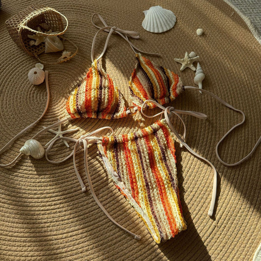 Contrasting Color Jacquard Sexy Drawstring Tied Swimsuit Bikini