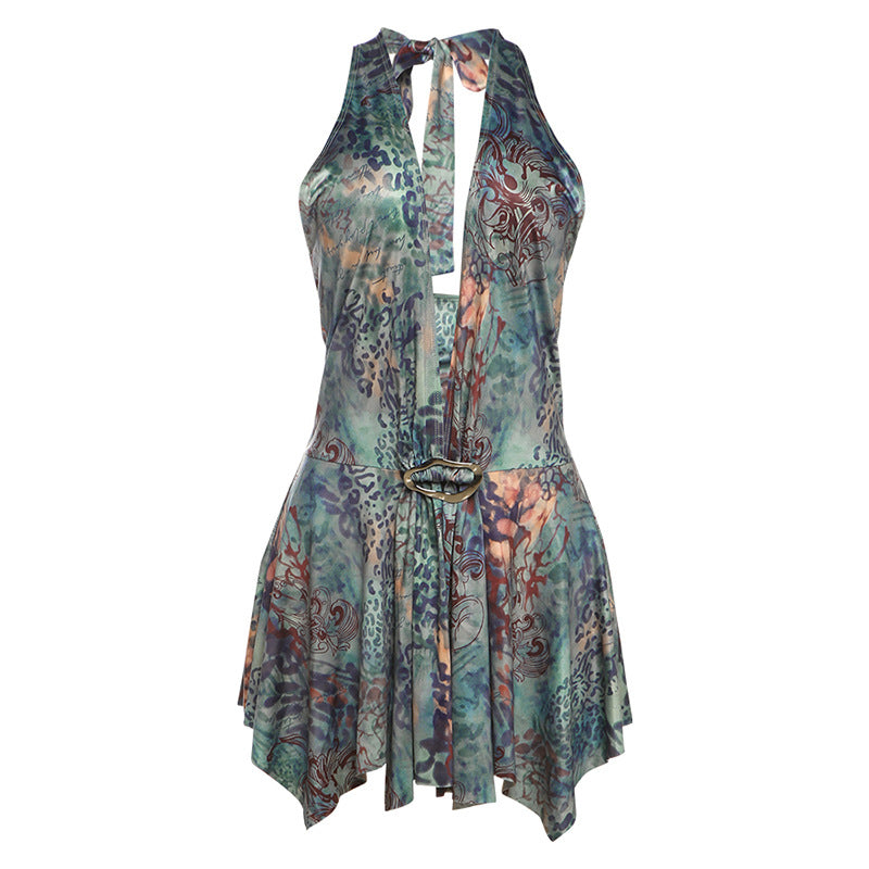 Summer Women Clothing Fashionable Elegant Sexy Halter Lace up Backless Slim Fit Printing Dress