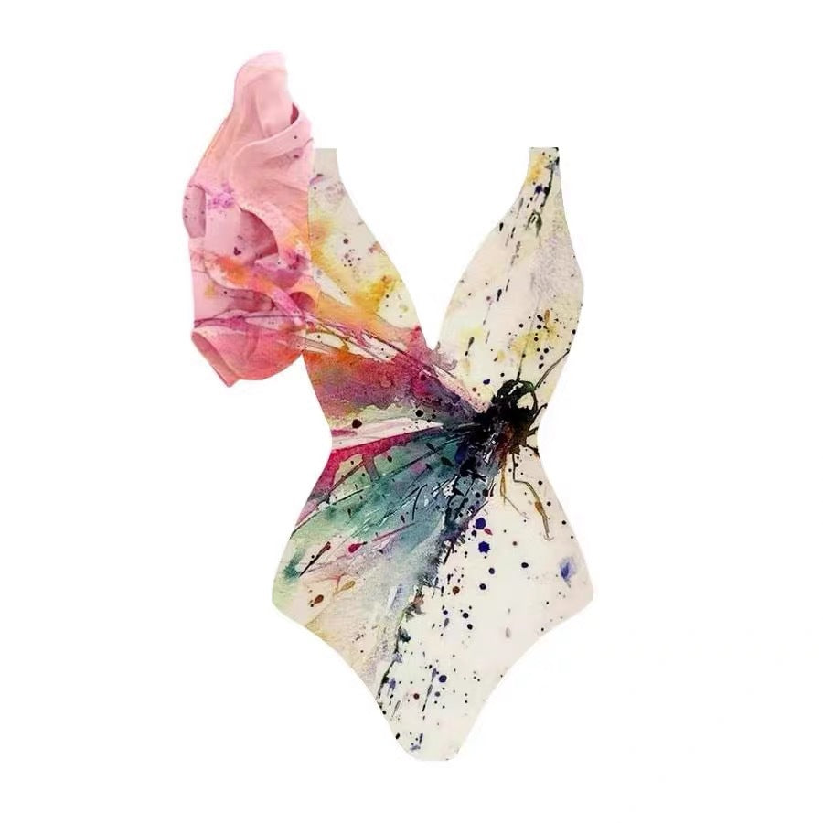 Printing One Piece Women Swimwear Suit European, French Retro Cover Belly Slimming Swimsuit