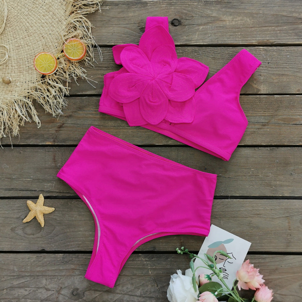 Heavy Industry Line Pressing Large Floral Sleeveless Split Swimsuit Women Solid Color Bikini Bikini