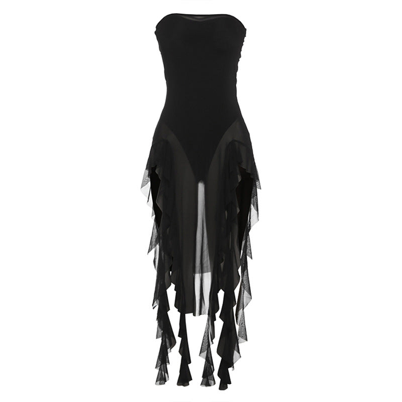 Spring Summer Women Mesh Sexy Personalized Irregular Asymmetric Slit Tassel Tube Top Jumpsuit Women