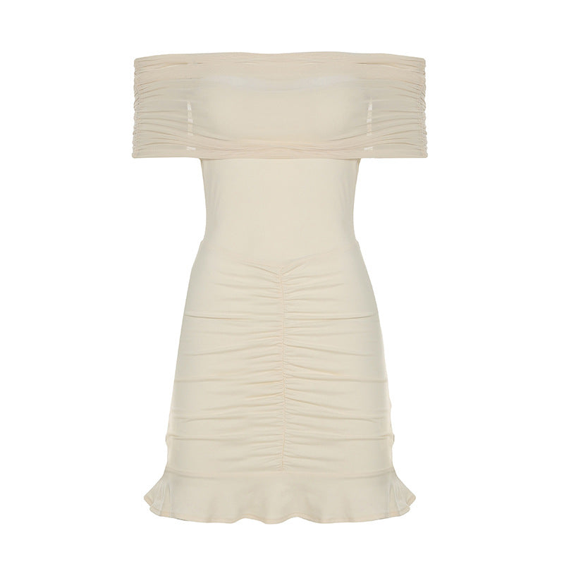 Women Clothing Ruffle Hip Ruffled Mesh Outerwear Strapless Dress Slim Dress