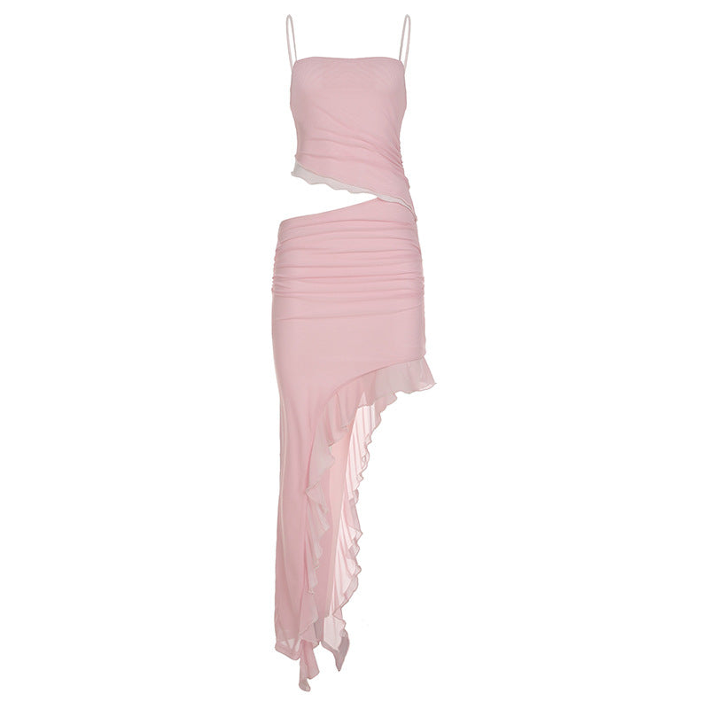 Vacation Women Clothing Cropped Outfit Ruffled Mesh Dress Irregular Asymmetric Solid Color Elegant Graceful Halter