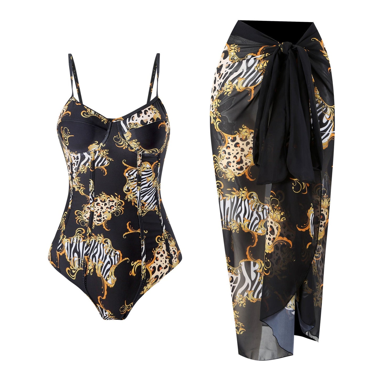 One Piece Swimsuit Women Conservatively Thin Vintage Printed Chiffon Dress with Steel Bracket Hard Bag Swimsuit