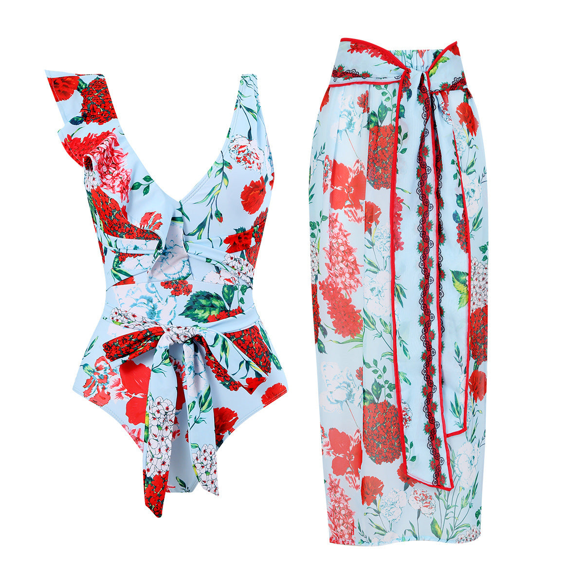 Siamese Conservative Flying Edge Covering Belly Thin Sexy Skirt Swimsuit Women Wrap Skirt Set Women
