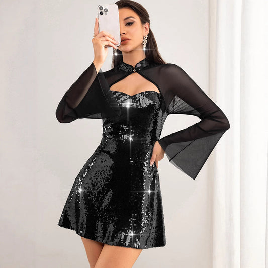 Sexy See through Long Sleeve Mesh Stitching Sequ Dress Women Clothing Short