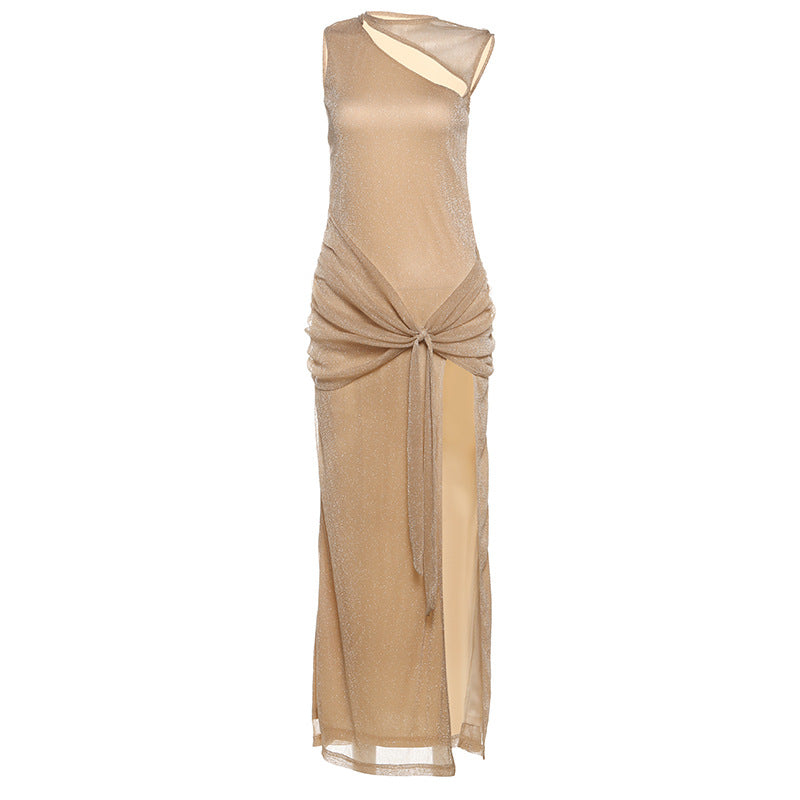 Spring Women Clothing Crew Neck Hollow Out Cutout Sexy High Slit Slim Fit Dress Women