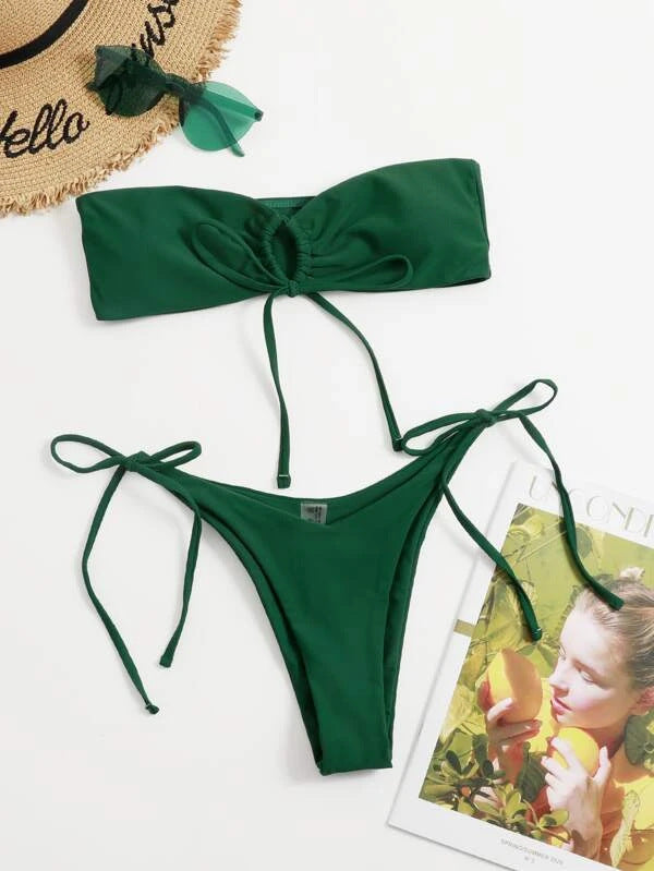 Women Seperated Swimwear Low Waist Basic Strapless Solid Color Tube Top Sexy Bikini