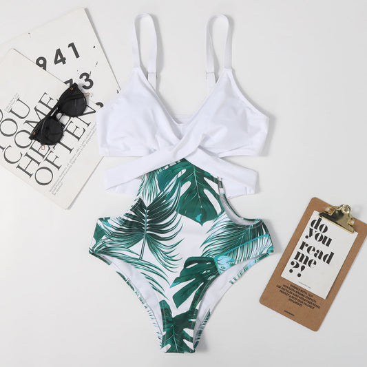 One-Piece Leaf-Shaped Floral Color Matching Women Swimsuit Lace-up Sexy Triangle Bikini
